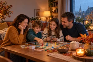 Familie care joacă un joc de societate într-o seară de toamnă