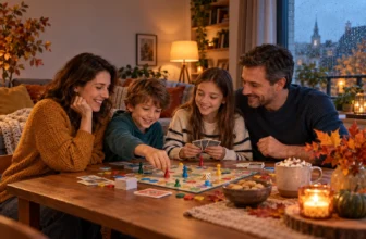 Familie care joacă un joc de societate într-o seară de toamnă