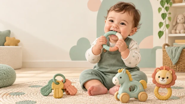 Copil de un an cu inel și jucării de dentiție, într-un spațiu de joacă