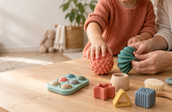 Copil și adult explorând calm jucării senzoriale tactile la o masă