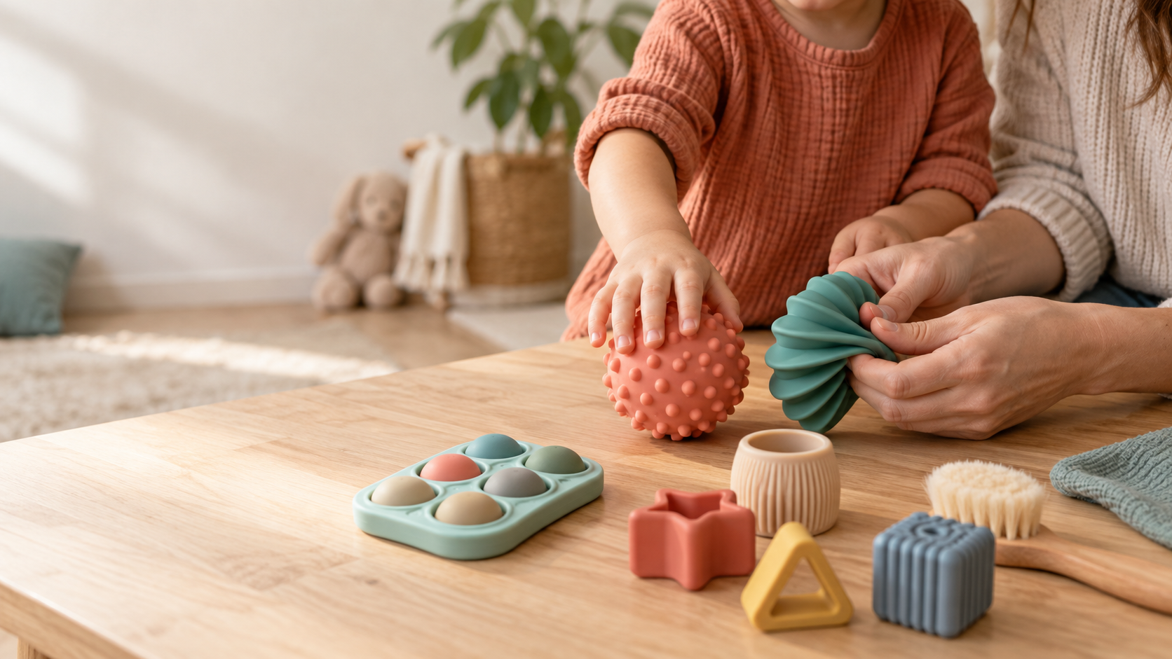 Copil și adult explorând calm jucării senzoriale tactile la o masă
