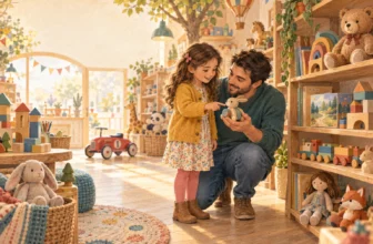 Părinte și copil alegând împreună o jucărie într-un magazin cald și prietenos