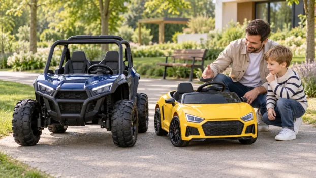 Un UTV electric și o mașinuță electrică pentru copii, comparate alături de un părinte