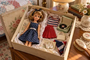 Păpușă vintage inspirată de anii 1960 într-o cutie cu haine și accesorii