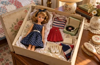 Păpușă vintage inspirată de anii 1960 într-o cutie cu haine și accesorii