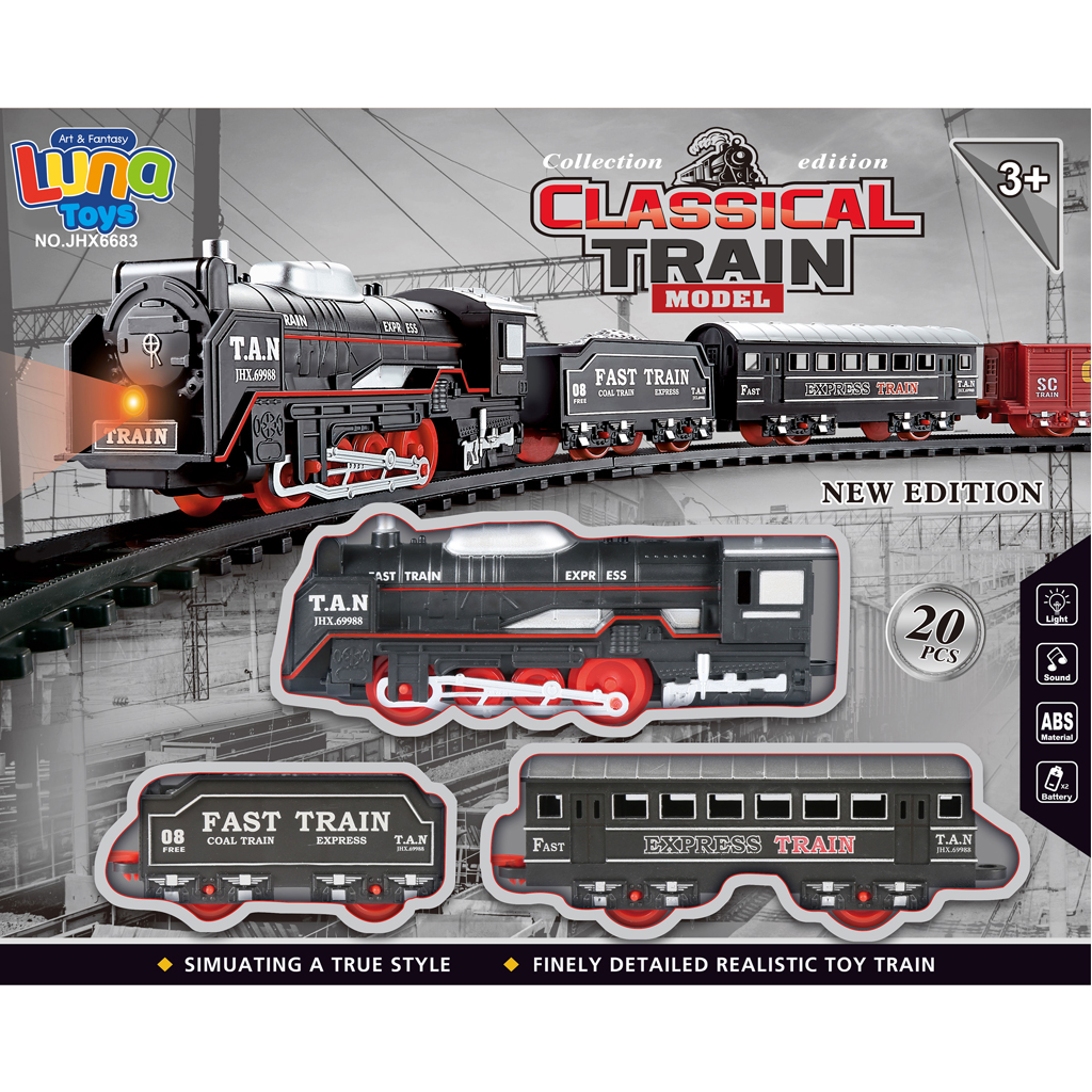 Trenuleț negru cu locomotivă și două vagoane, lumini și sunete, set de 20 de piese