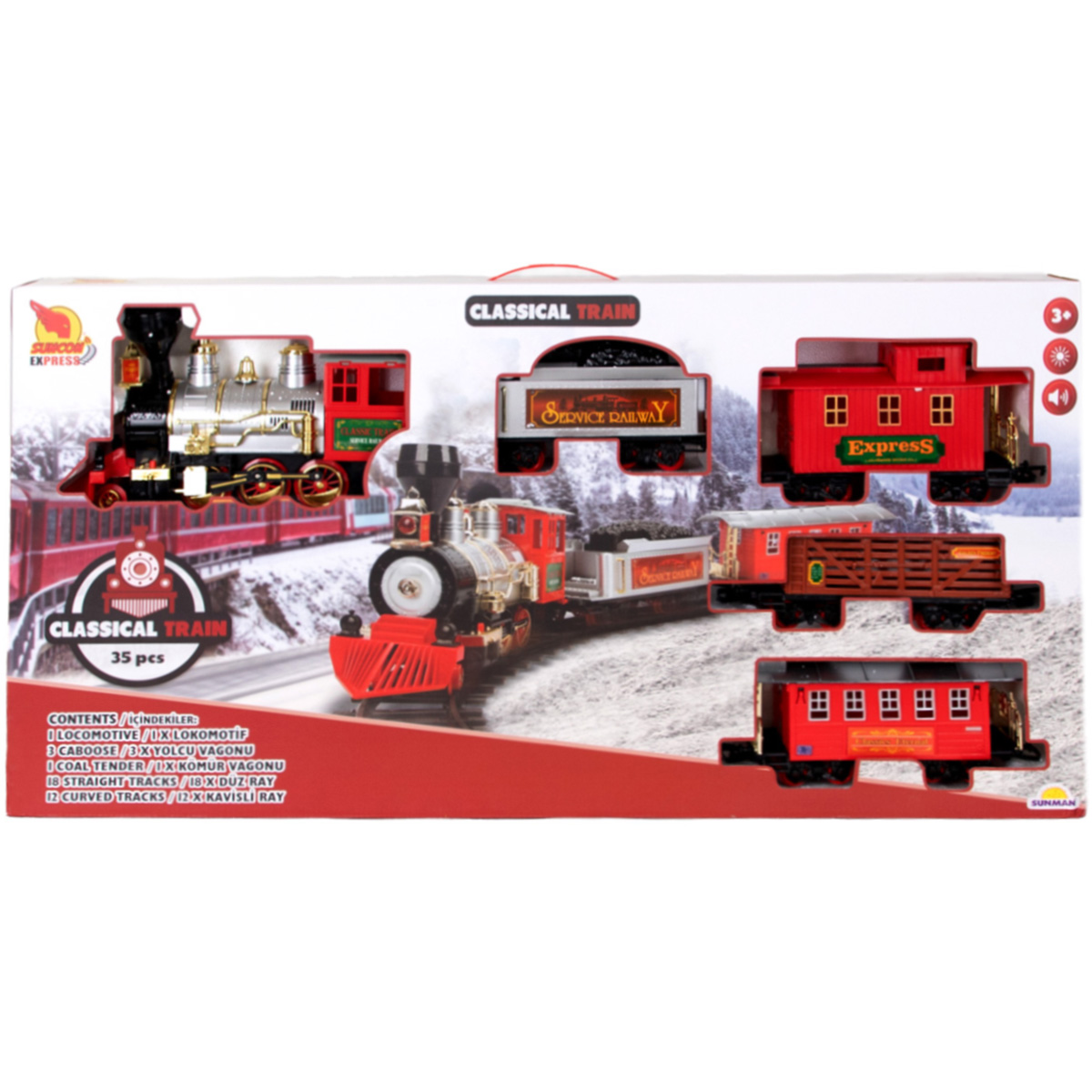 Locomotivă roșie realistă cu patru vagoane și șine, set de 35 de piese
