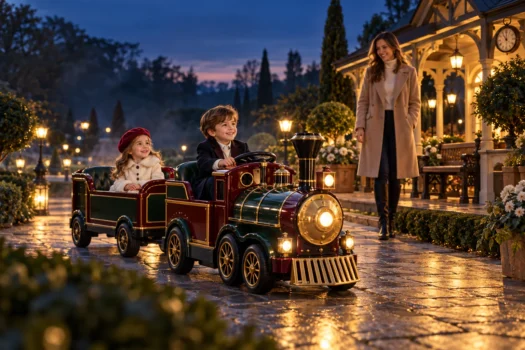 Trenuleț electric premium pentru copii cu locomotivă și vagon, într-o grădină luminată elegant