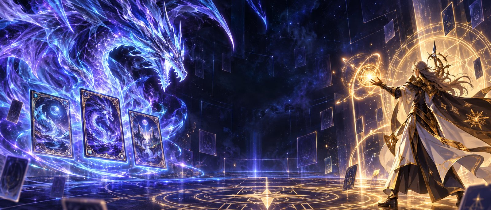 Dragon spectral și magician într-o arenă fantastică de cărți