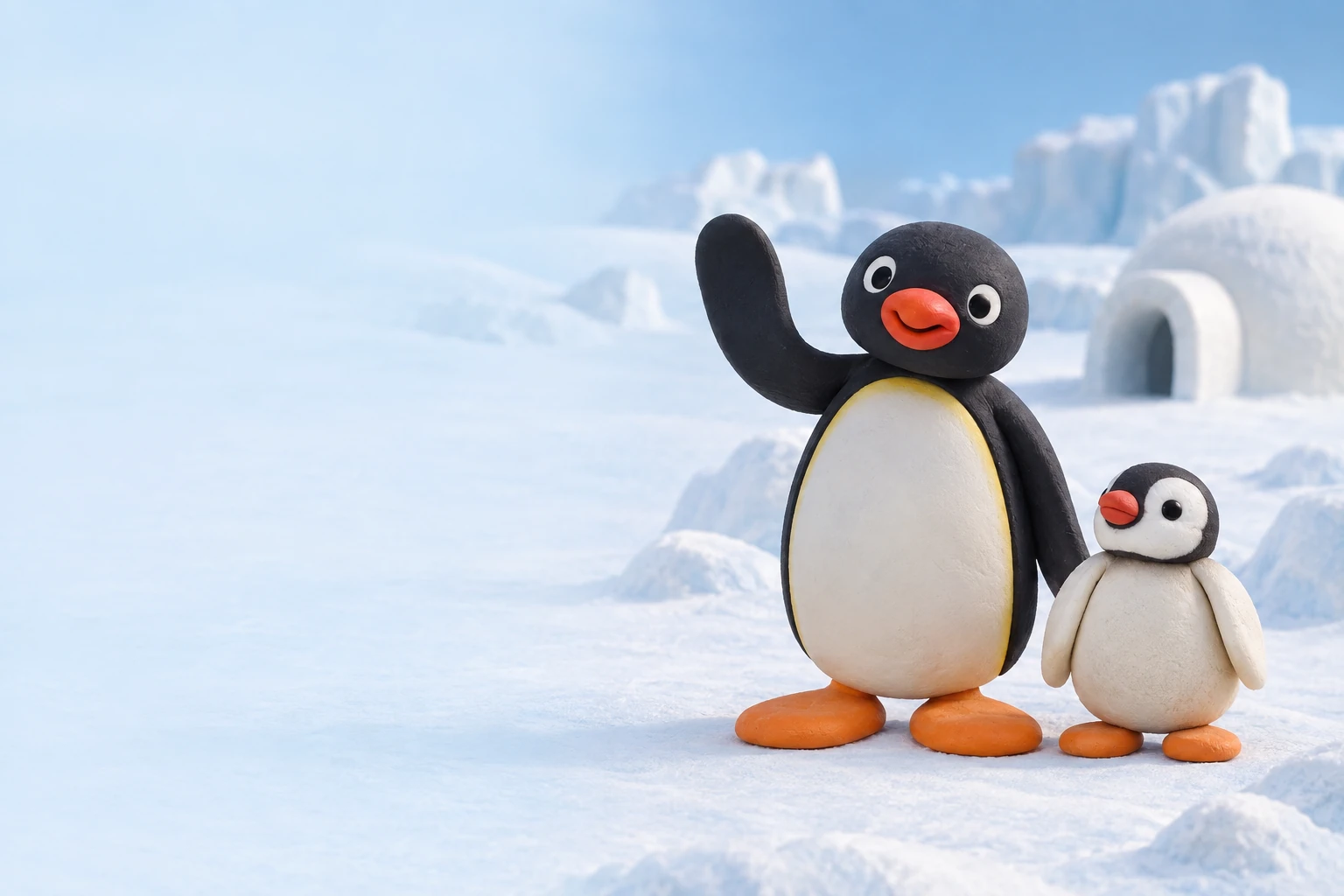 Pingu și Pinga într-un peisaj de zăpadă — ilustrație editorială generată cu AI