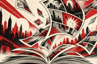 Ilustrație editorială cu pagini de benzi desenate în roșu, negru și crem