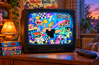 Televizor retro cu personaje Cartoon Network, casete VHS cu desene animate și poster Wacky Races.