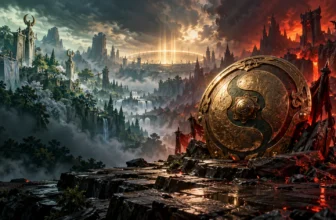 Ilustrație fantasy inspirată de Dota 2: scut auriu între peisajele Radiant și Dire