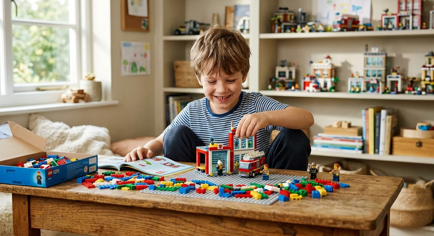 Copil construind un set din piese LEGO la masă – imagine ilustrativă