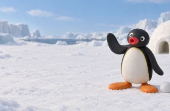 Pingu în zăpadă, lângă un iglu — ilustrație editorială generată cu AI