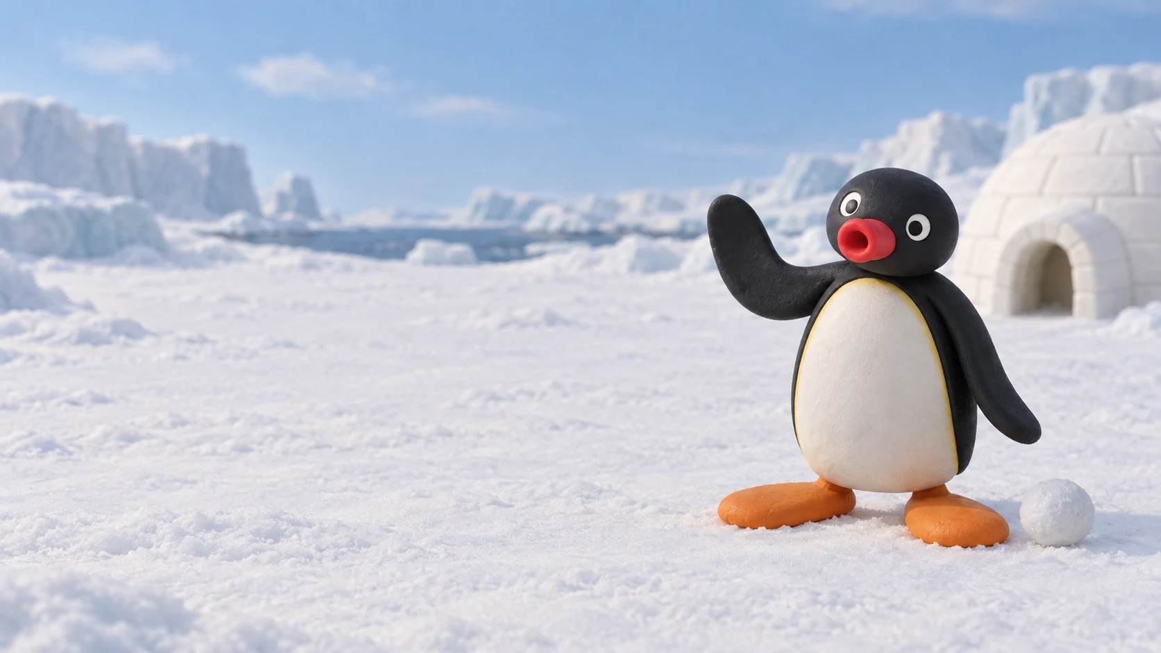 Pingu în zăpadă, lângă un iglu — ilustrație editorială generată cu AI