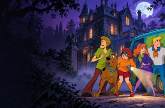 Scooby-Doo, Shaggy, Velma, Daphne și Fred lângă Mystery Machine, în fața unui conac luminat de lună